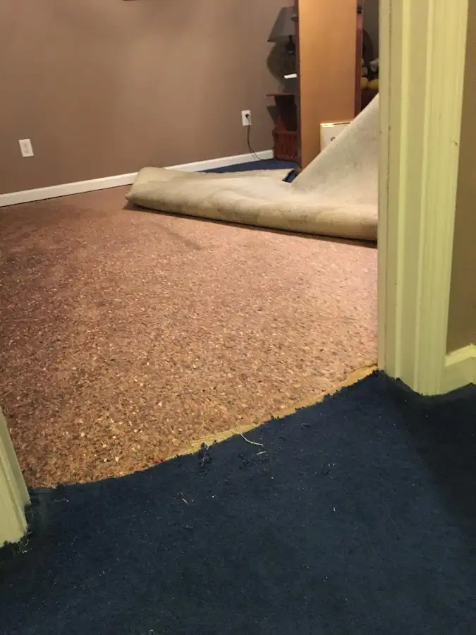 Carpet pad removal revealing water damage during Water Mitigation Services in Gouverneur